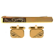 David Van Hagen Engraved Cufflinks and Tie Slide Set - Gold
