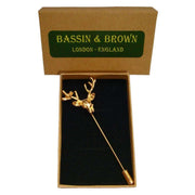 Bassin and Brown Vintage Stag Lapel Pin - Gold