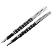David Aster Checker Fountain Pen and Rollerball Pen Set - Black/Silver