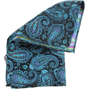 Knightsbridge Neckwear Large Paisley Silk Pocket Square - Black/Turquoise